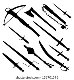 set of medieval hand weapons - silhouette of antique sword, dagger, mace, axe, crossbow, flail 