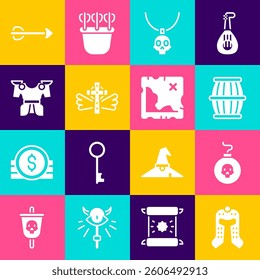 Set Medieval helmet, Bomb ready to explode, Gun powder barrel, Necklace amulet, Christian cross, Body armor, Arrow and Pirate treasure map icon. Vector