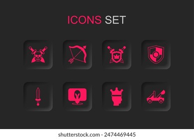 Set Mittelalterlicher Helm, Pfeil und Bogen, Totenkopf mit Schwert, Königskrone, Schild, Katapult, Schwerter und Ikone. Vektorgrafik