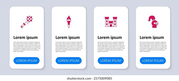 Set Medieval helmet, Castle, Torch flame and Mace with spikes. Business infographic template. Vector