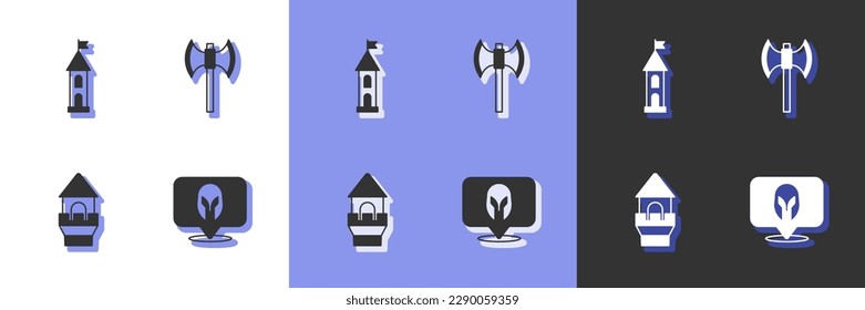 Set Medieval helmet, Castle tower,  and poleaxe icon. Vector