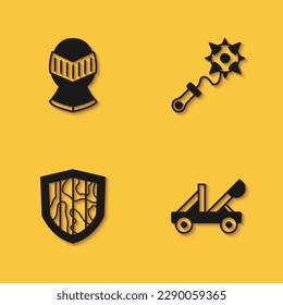 Colocar casco medieval, catapulta, escudo y mace con icono de espinas con sombra larga. Vector