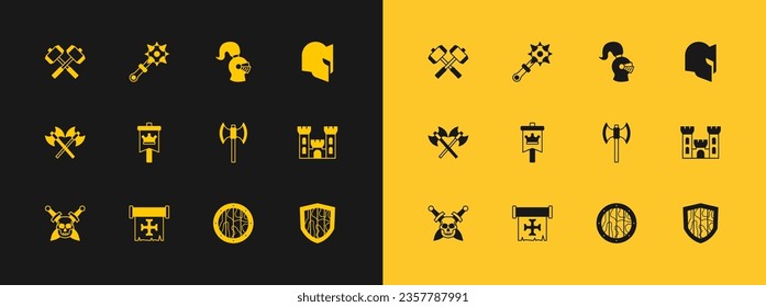 Set Medieval helmet, Crusade, poleaxe, Round wooden shield, flag, Crossed battle hammers and Mace with spikes icon. Vector