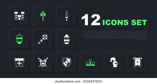 Conjunto casco medieval, bandera, maza con espigas, corona de rey, espadas de escudo, hacha e icono. Vector