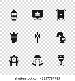 Set Medieval helmet, goblet, axe, flag, Castle tower, King crown and  icon. Vector