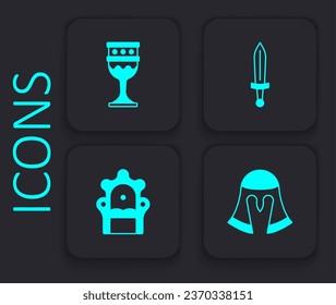 Set Medieval helmet, goblet, sword and throne icon. Black square button. Vector