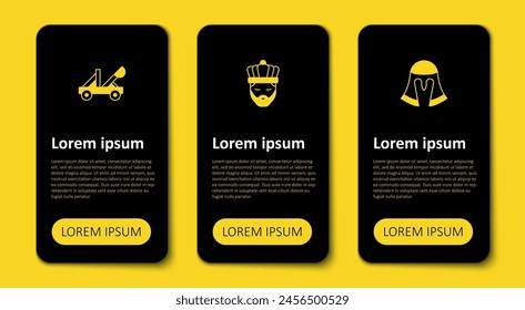 Set Medieval helmet, King with crown and catapult. Business infographic template. Vector