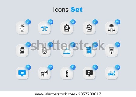 Set Medieval helmet, King with crown, Fleur de lys or lily flower, catapult, flag, Crusade and  icon. Vector