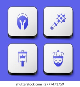 Set Medieval helmet, Mace with spikes, flag and King crown icon. White square button. Vector