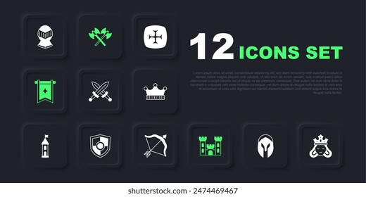 Set Medieval helmet, Princess or queen, Crossed medieval sword, Castle, flag, Shield, axes and bow and arrow icon. Vector
