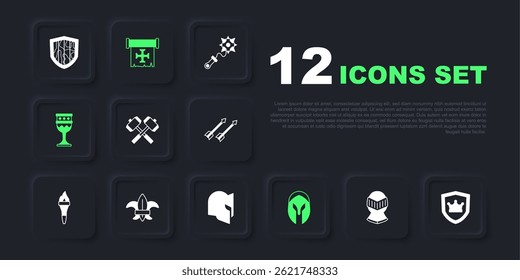 Set Medieval helmet, Shield with crown, Crossed battle hammers, goblet, Fleur de lys or lily flower, Crusade and  icon. Vector