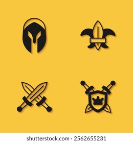 Set Medieval helmet, Shield with swords, Crossed medieval and Fleur de lys lily flower icon with long shadow. Vector
