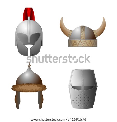 Set of medieval helmets. Viking, knight, horned, Coppergate helmet collection. Military caps of middle ages. Hats with iron elements. Headwear for knight tournament, joust. Vector illustration