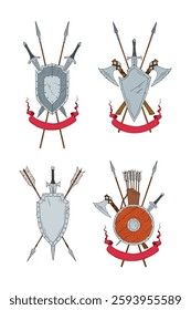 Set of medieval heraldic emblems with shields, swords, axes, spears, and bows