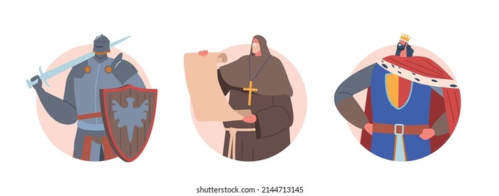 Set of Medieval Historical Characters Avatars. Royal King, Monk with Parchment, Knight Warrior in Historic Costumes Fairytale Ancient Heroes Isolated on White Background. Cartoon Vector Illustration