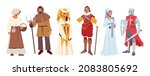 Set of Medieval Historical Characters. Knight with Sword and Shield, Peasant Man and Woman, Lord and Ladies in Historic Costumes, Fairytale Ancient Heroes. Isolated Cartoon Vector Illustration