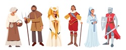 Set Of Medieval Historical Characters. Knight With Sword And Shield, Peasant Man And Woman, Lord And Ladies In Historic Costumes, Fairytale Ancient Heroes. Isolated Cartoon Vector Illustration