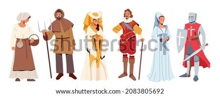 Set of Medieval Historical Characters. Knight with Sword and Shield, Peasant Man and Woman, Lord and Ladies in Historic Costumes, Fairytale Ancient Heroes. Isolated Cartoon Vector Illustration