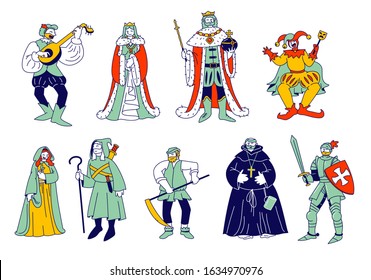 Set of Medieval Historical Characters. Royal Queen and King, Monk Bard Singer Knight, Peasant in Historic Costumes Fairytale Ancient Heroes Isolated on White. Flat Vector Illustration, Line Art