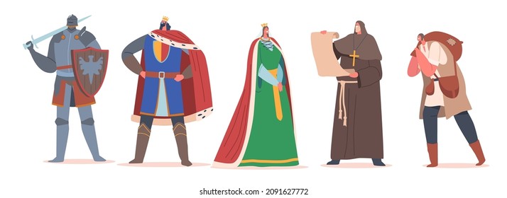 Set of Medieval Historical Characters. Royal Queen and King, Monk with Parchment, Knight Warrior, Peasant in Historic Costumes Fairytale Ancient Heroes Isolated on White Cartoon Vector Illustration