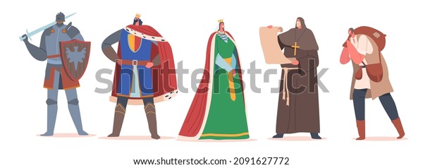 Set of Medieval Historical Characters. Royal
Queen and King, Monk with Parchment, Knight Warrior, Peasant in
Historic Costumes Fairytale Ancient Heroes Isolated on White
Cartoon Vector
Illustration
