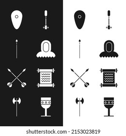 Set Medieval hood, spear, Shield, Torch flame, crossed arrows, Decree, parchment, scroll, goblet and axe icon. Vector