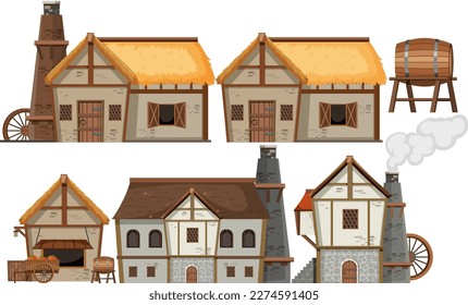 Conjunto de ilustraciones de dibujos animados de objetos y casas medievales