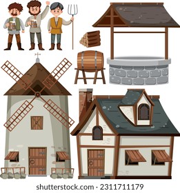 Set of medieval house and object cartoon  illustration