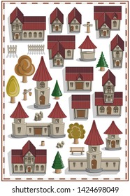 A set of medieval houses and elements. Game set. Isolated on white background. Vector illustration.