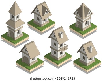 Set of medieval houses. Isometric. Isolated on white background. Vector illustration.