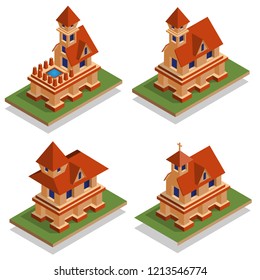 A set of medieval houses. Isometric. Vector illustration. Game design.