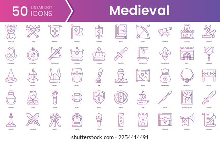 Set of medieval icons. Gradient style icon bundle. Vector Illustration