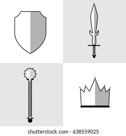 A set of medieval icons: a shield, a sword, a mace, a crown in a flat style