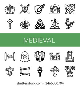 Set of medieval icons such as Crown, Mace, Spear, Rpg game, Paganism, Castle, Sword, Medieval, Treasure map, Fleur de lis, Executioner, Rune, Armour, Torch, Fortress , medieval