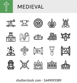 Set of medieval icons. Such as Mace, Catapult, Anvil, Crown, Viking, Fortification, Treasure map, Defense, Viking helmet, Sword, Orthodox cross, Torch, Knight , medieval icons