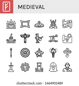 Set of medieval icons such as Rune, Castle, Crown, Viking, Treasure map, Scepter, Medieval, Catapult, Sceptre, Coat of arms, Torch, Orthodox cross, Sword, Throne, Executioner , medieval