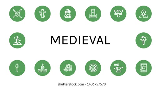 Set of medieval icons such as Spear, Orthodox cross, Knight, Throne, Viking helmet, Defendant, Mace, Castle, Defense, Crown, Anvil, Guillotine, Sword, Torch , medieval
