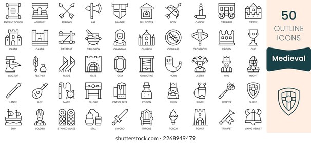 Set of medieval icons. Thin linear style icons Pack. Vector Illustration