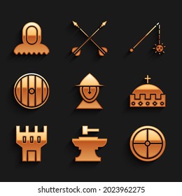 Set Medieval iron helmet, Anvil for blacksmithing hammer, Round wooden shield, King crown, Castle tower, chained mace ball and hood icon. Vector