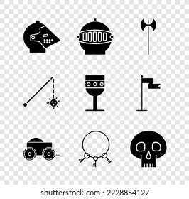 Set Medieval iron helmet, axe, Wooden four-wheel cart, Old keys, Skull, chained mace ball and goblet icon. Vector