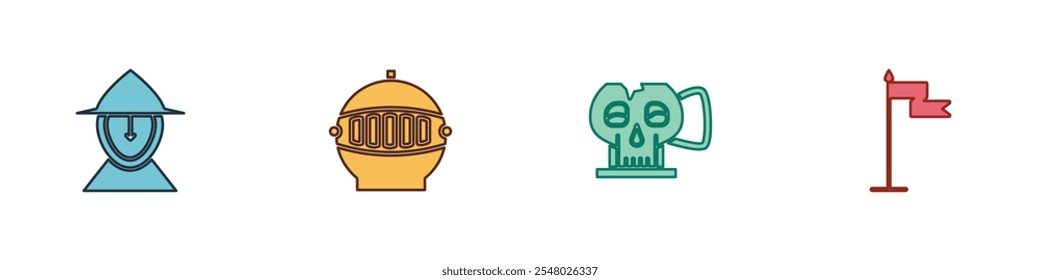 Set Medieval iron helmet, , Cup from the skull and flag icon. Vector