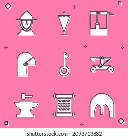 Set Medieval iron helmet, flag, Well with bucket, Old key, Catapult shooting stones, Anvil for blacksmithing hammer and Decree, parchment, scroll icon. Vector