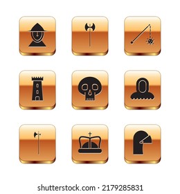 Set Medieval iron helmet, halberd, King crown, Skull, Castle tower, chained mace ball,  and axe icon. Vector