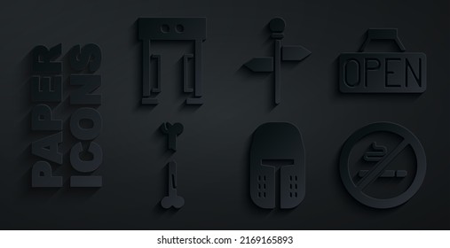 Set Medieval iron helmet, Hanging sign with Open, Human broken bone, No Smoking, Road traffic signpost and Metal detector icon. Vector