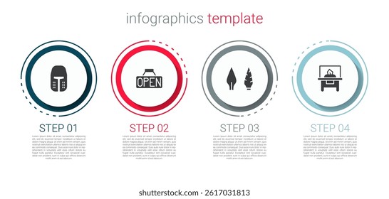 Set Medieval iron helmet, Hanging sign with Open, Stone age arrow head and Glass showcase for exhibit. Business infographic template. Vector