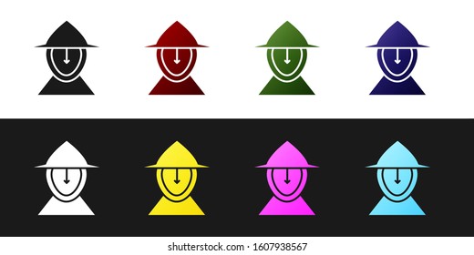 Set Medieval iron helmet for head protection icon isolated on black and white background.  Vector Illustration