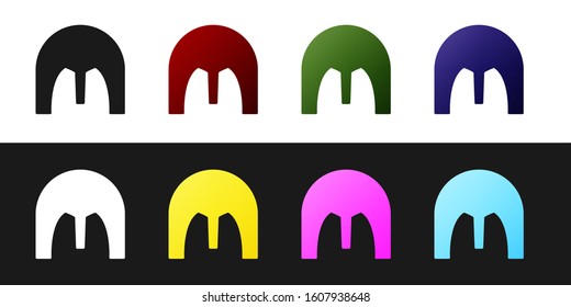 Set Medieval iron helmet for head protection icon isolated on black and white background.  Vector Illustration
