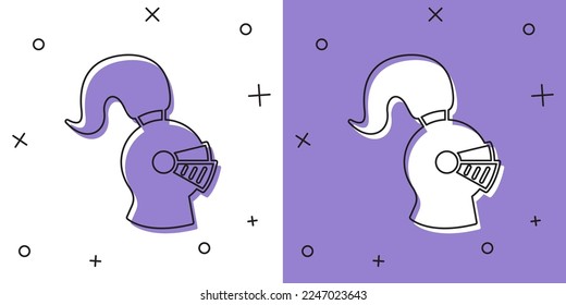 Establezca el casco de hierro medieval para el icono de protección de la cabeza aislado sobre fondo blanco y púrpura. Casco de caballero.  Vector
