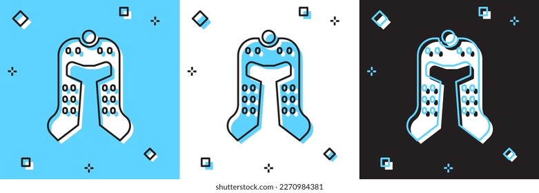 Set Medieval iron helmet for head protection icon isolated on blue and white, black background.  Vector