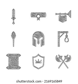 Set Medieval iron helmet, Shield with crown, Crossed medieval axes, Gallows, Decree, parchment, scroll, Torch flame, Trumpet flag and sword icon. Vector